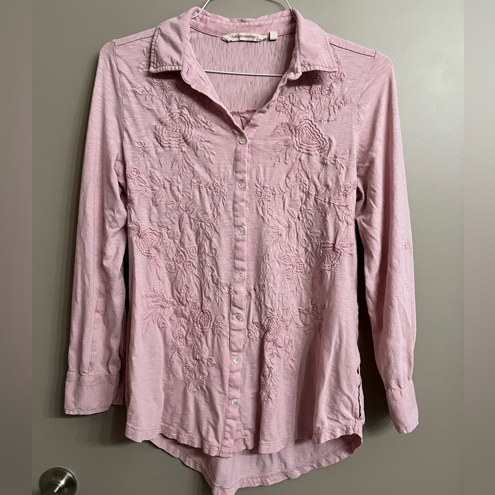 Soft Surroundings Long Sleeve Floral Embroidered Button Down Blouse
